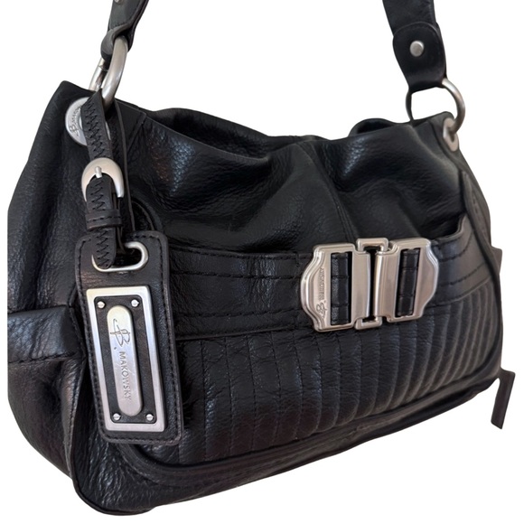 Y2K B. Makowsky Black Leather Silver Buckle Tote Shoulder Bag - Picture 3 of 7